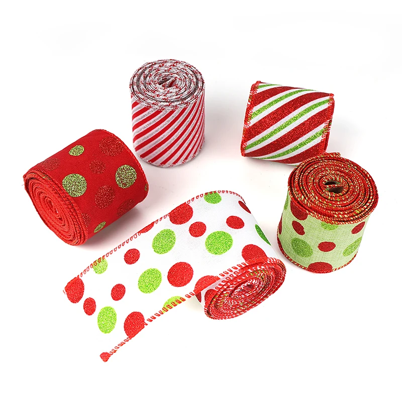 1 Roll 5 Yard Bulk Wholesale 6.3cm Wide Burlap Christmas Striped Dot Wired Edge Ribbon For Wreaths Bow Making Gift Decorative