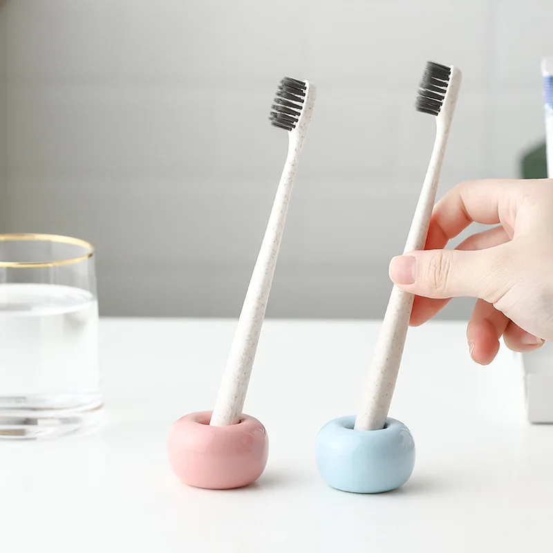 RAYBIN 3 pieces bathroom round small mini ceramic toothbrush holder stand for toothbrush