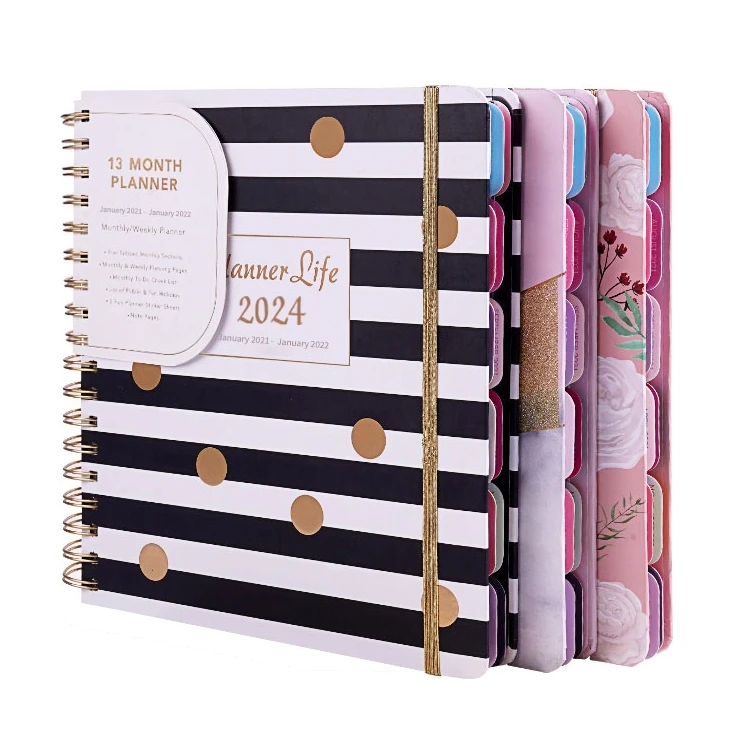 Custom hardcover gold foil weekly cahier 2024-2025 spiral bound journal planner notebook with colored divider page