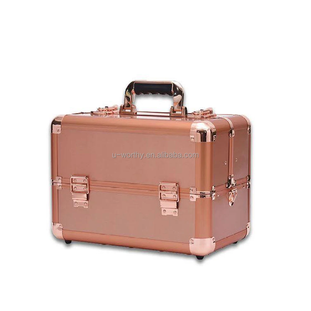 Instock Ready to Ship Easy Carrying Silvery Golden Color Multilayers Aluminum Cosmetic Case Vanity Case Make Up Case with Trays