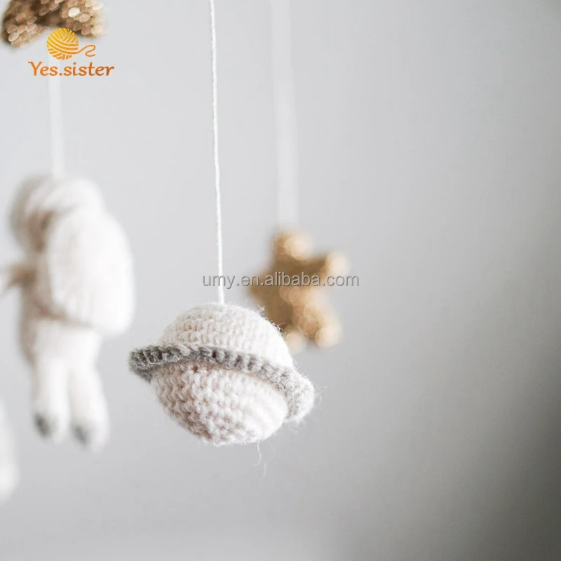 Wooden Crochet Astronaut Toy Crib Space Baby Shower Gift Handmade New Cot Mobile