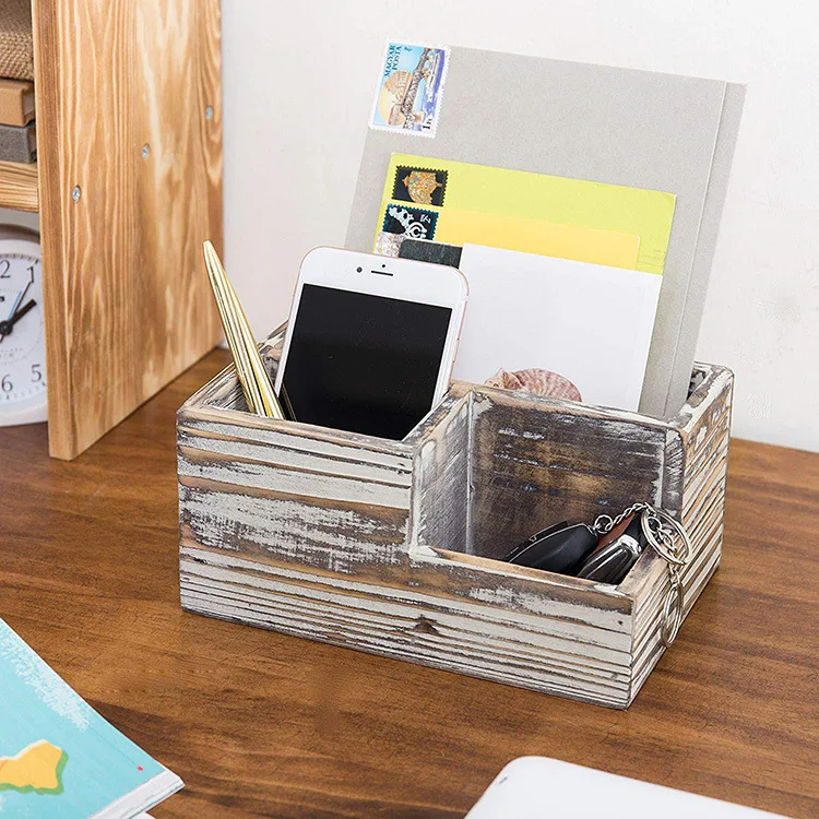 
Rustic Torched Wood Desktop Office Supplies Caddy & 3 Slot Letter Mail Sorter Organizer 