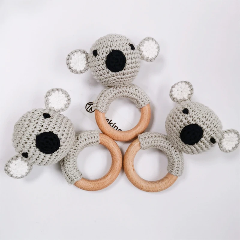 TK Manual 100s Organic cotton Yarn Crochet Koala Baby Rattle with Beech Wood Teeth Ring