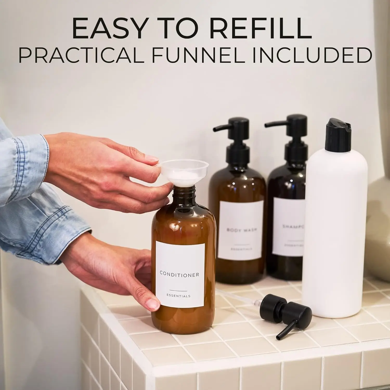 Hot Shampoo and Conditioner Dispenser Shower Soap Bottles with Pump Labels Easy to Refill Body Wash Dispenser for Bathroom Decor