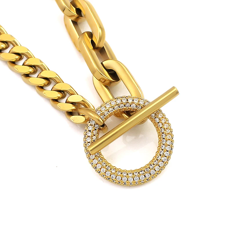 Round Circle Rhinestone Crystals Link Lock Stainless Steel Cuban Link Chain Pendant Necklace Choker Statement Necklace