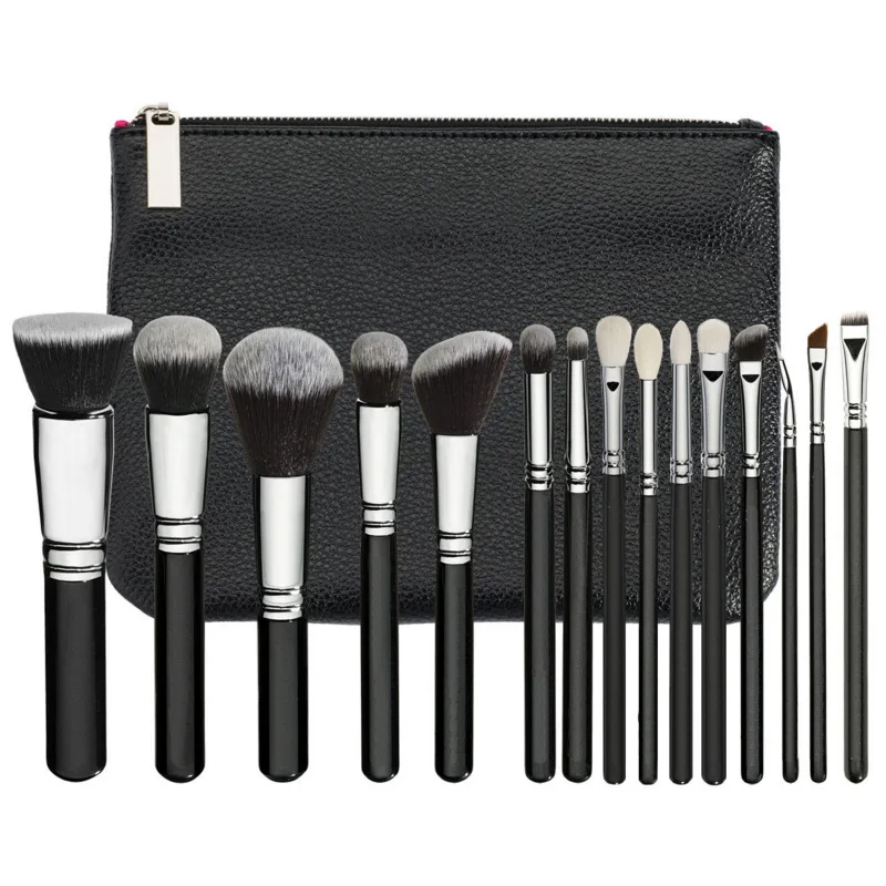 15 pieces professional makeup brushes set with Litchi PU bag private label makeup brush set with bag