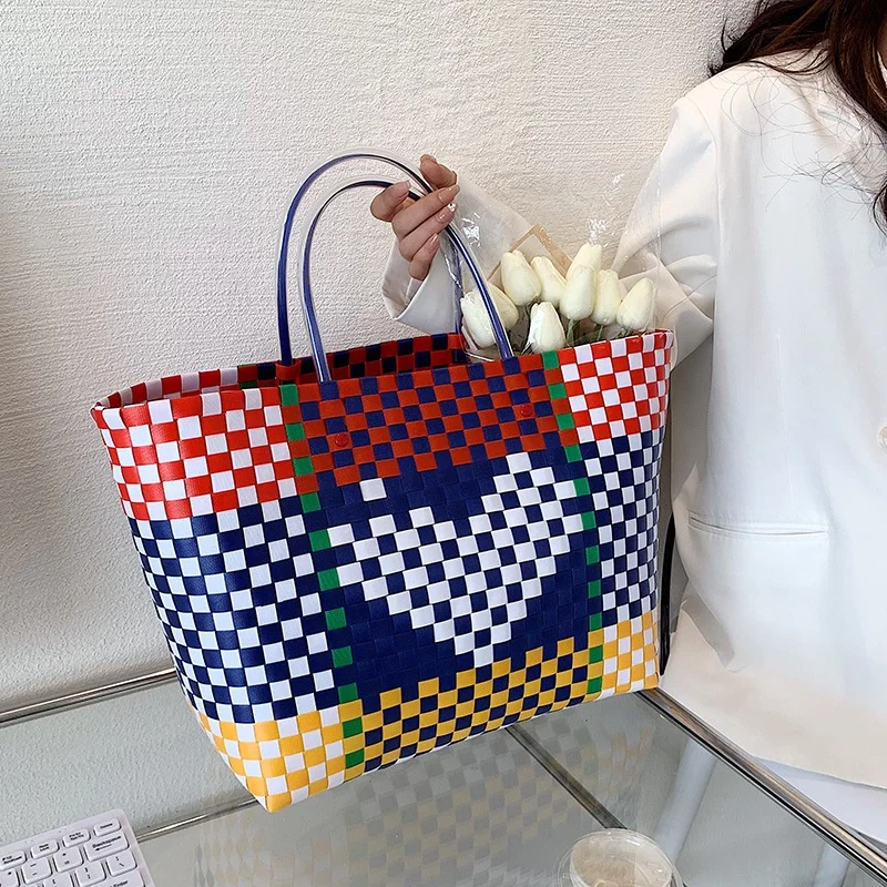 Summer Individuality New Arrivals Portable Color Contrast Ladies Purse Vacation Beach Shopping Vegetable Basket Tote Bag