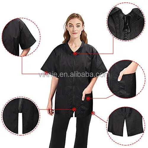Pet Grooming uniform with Full Zipper, Anti-Static Smock for Dog Cat Beauty, Water Resistant Barber Jacket short sleeve