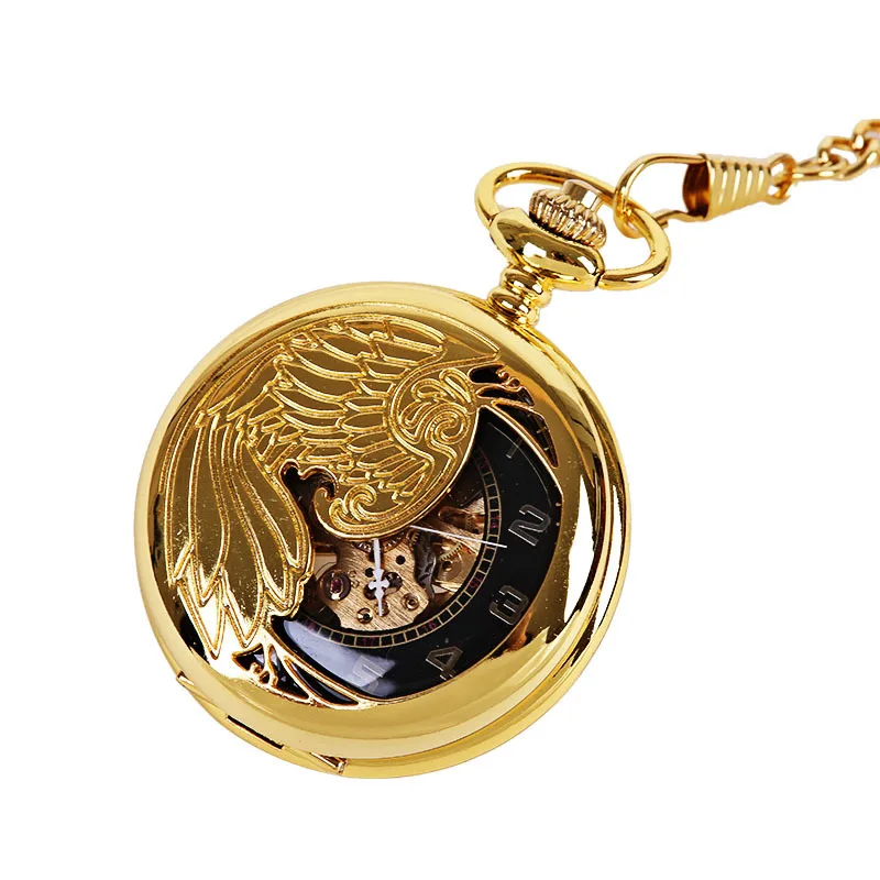 WJ-10987 Large Classical Pocket Watch Wholesale All Gold Half Edge Carved Eagle Mechanical Electronic Pocket Watches