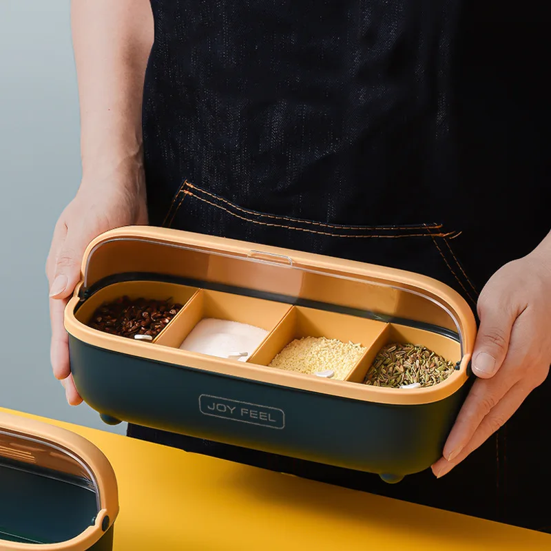 HelloWorld 2021 Multifunctional Household Seasoning Box With Spoon Kitchen Four-compartment Pot Of Sugar And Msg Seasoning Chopsticks Box