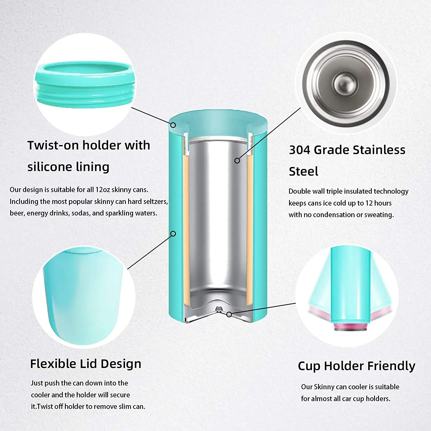 Hot in Amazon 12 oz Double Wall 304 Stainless Steel Insulated Vacuum Skinny Slim Beer Can Soda Cooler Holder with lid