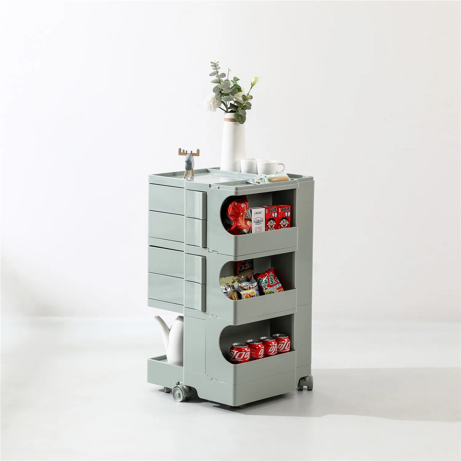 Modern Home Furniture 3-Layer Rotating Chest of Drawers Bedroom Trolley White Plastic ABS Bedside Storage Bed Side Cabinet