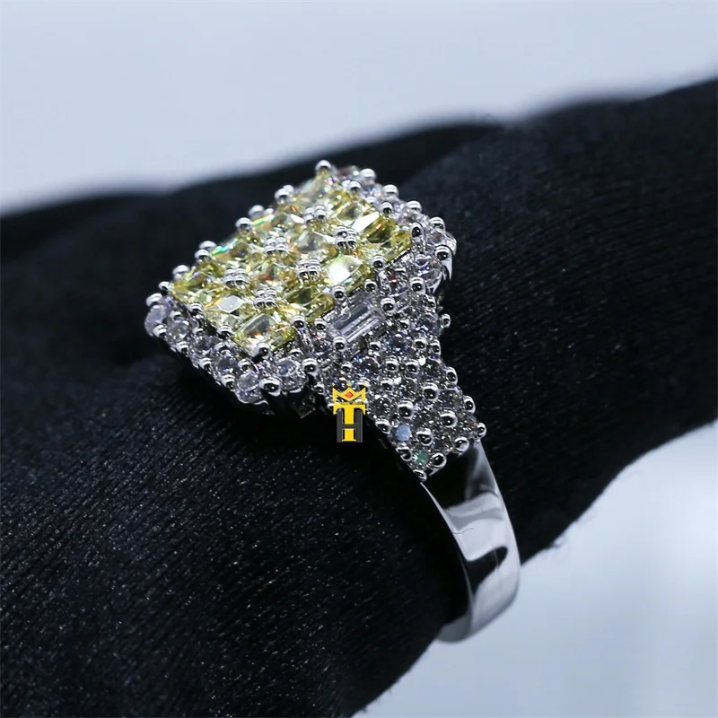 Lab diamond citrine cz ring silver gold plated square shaped zircon ring custom crystal iced out hip hop ring