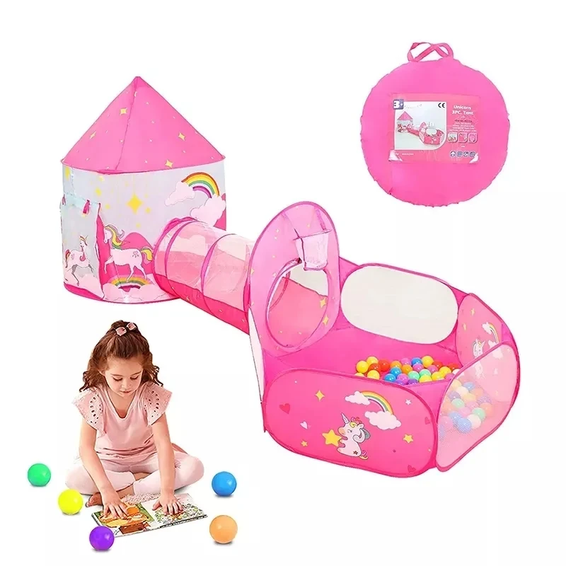 Pop Up Children Camping Tent  Custom Large Princess Castle 3 In 1 Combination Crawl Tunnel Kids Play Tent Set