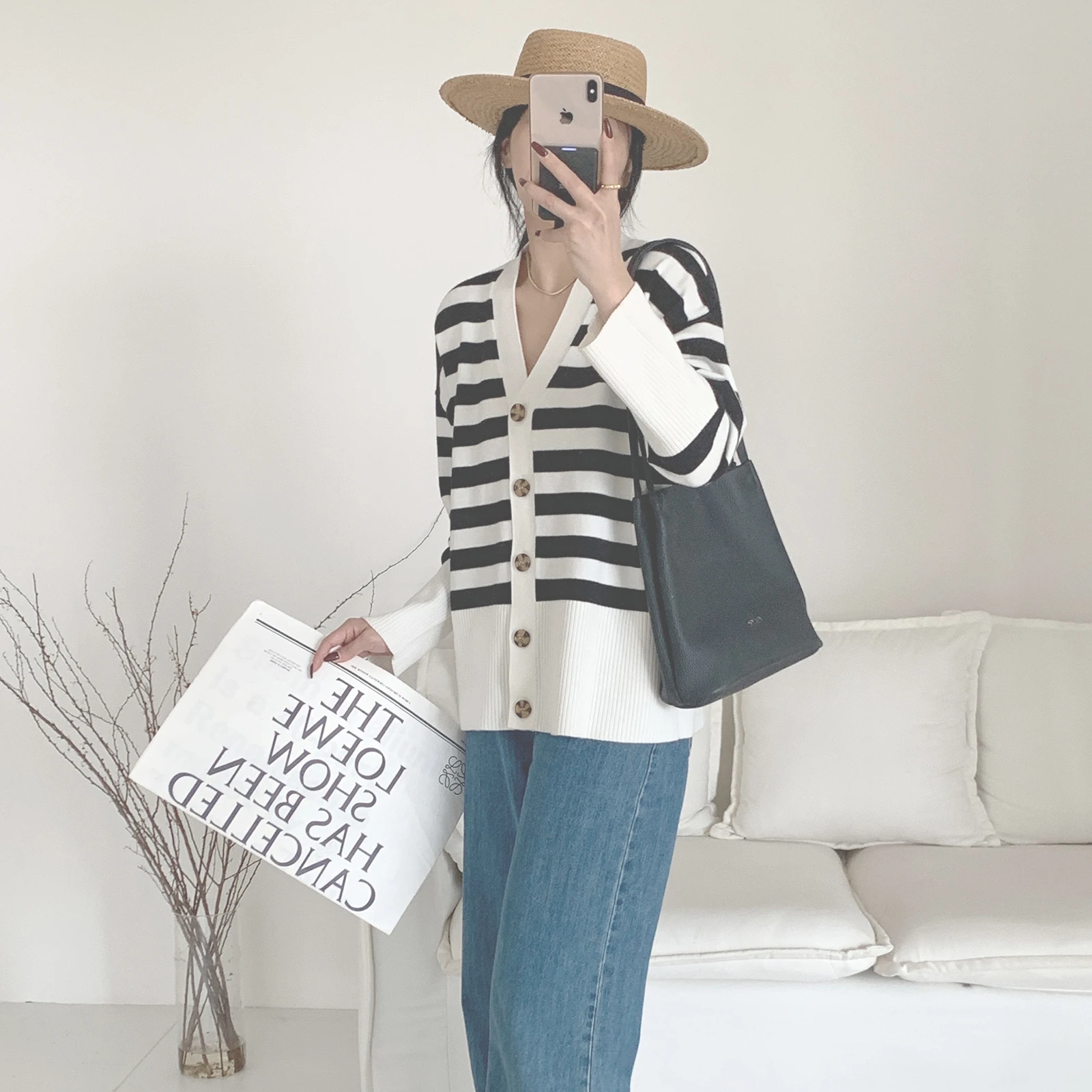 Knitted Cardigan Knit Sweater Custom for Women Stripe Knit Long Sleeve Button Front Cardigan Sweater Vintage Oversized Cardigan