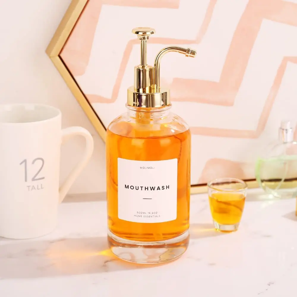 Hot selling 500ml/16.9 Oz mouthwash water dispenser reusable glass hand sanitizer dispenser with gold pump