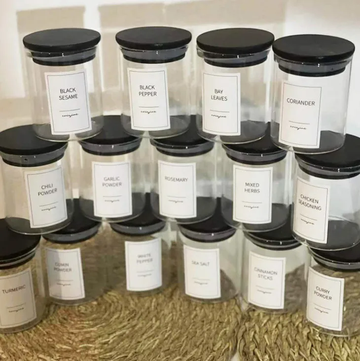 Hot Sale High Borosilicate Glass Jar home and kitchen glass storage jar glass spice jar with Black Bamboo Lid Set