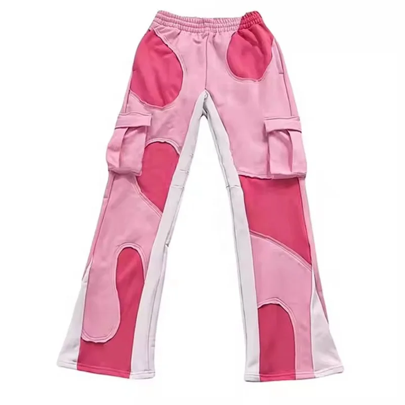 Rainbow Spray Custom French Terry Cotton Sweatpants Embroidered Patch Pants Jogger Cut And Sew Flare Sweat Sweatpants