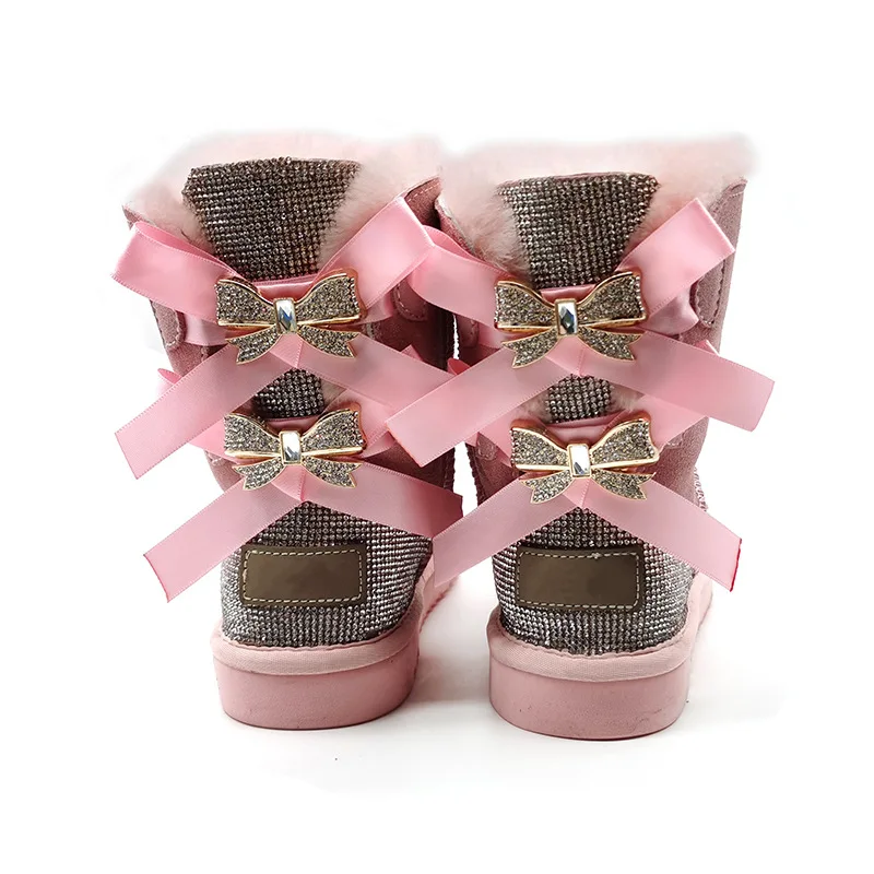 Hot sale ladies thick snow boots with 2 bows 100% real wool and sheepskin Genuine leather diamond boot