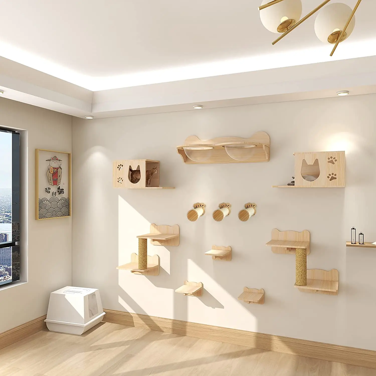 2 PCS Wall Mounted Cat Furniture Cat Wall Steps with Sisal Floating Scratching Post Shelves for Cat Perch Ladder Furniture