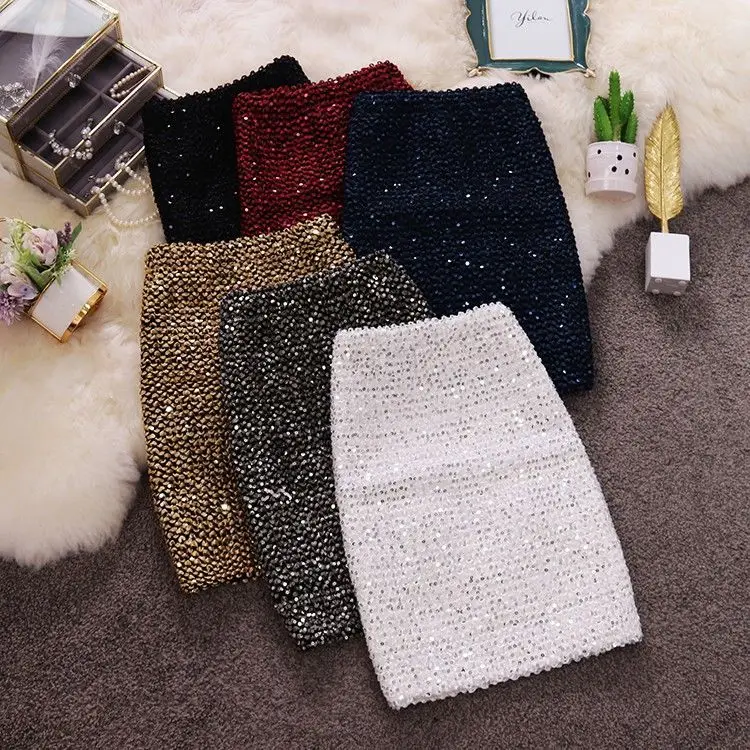 2020 autumn and winter new high-waisted slim one-step sequined skirt elastic sexy bag hip skirt