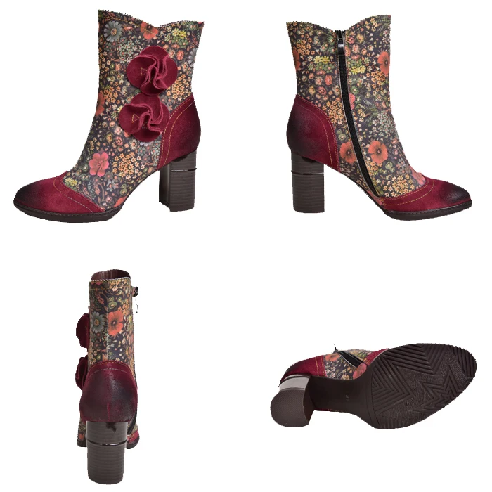 Women Floral Genuine Leather Ankle Boot Handmade High Heels Ankle Booties Boot Lady Winter Shoe