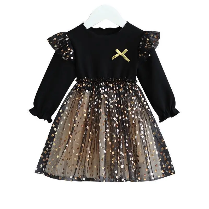 Shiny Stars Tulle Dress Girl Frocks Black Children Casual Dress New Model Wholesale Toddler Long Sleeve For Autumn Winter Kids