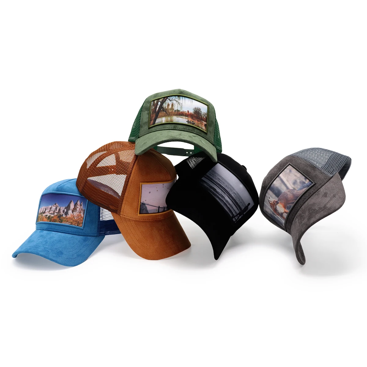 Own Photo Sublimation transfer print patch Logo furry fluffy suede velvet caps Custom Personnalisable Trucker Hat 5 panel mesh