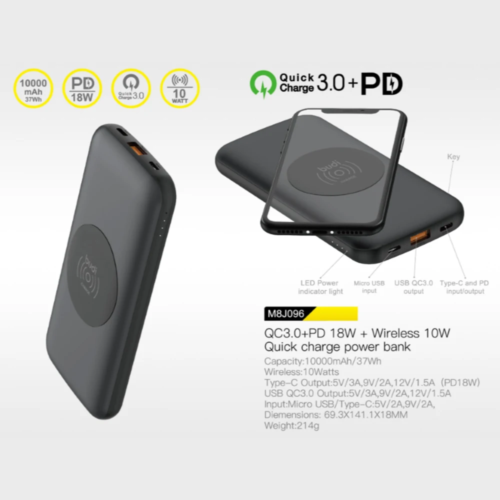 
2019 trending products promotional gift ultra slim portable powerbank with custom logo 10W black wireless Power Bank 10000mAh 