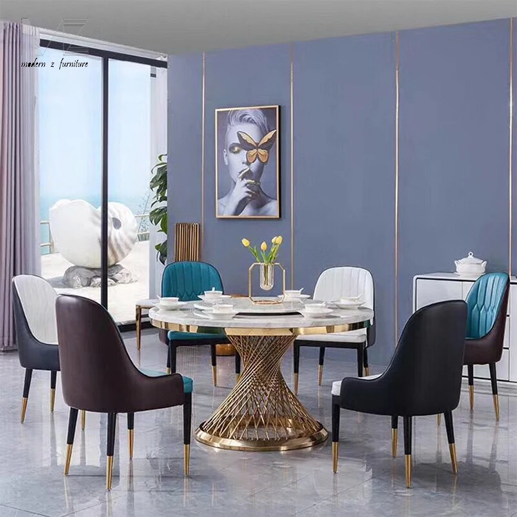 Modern Royal Gold Dinning Sets Furniture Sintered Stone Marble Top Round Dining Table With 4 6 Seats Chairs