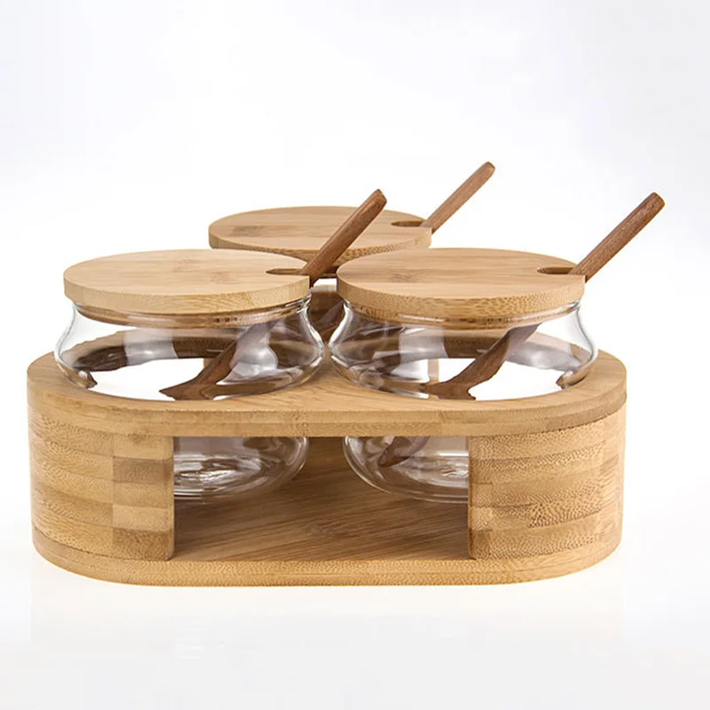 Home Kitchen Countertop Condiment Herb Jar Bamboo Salt Pepper Keeper Spice Box Set with Spoon