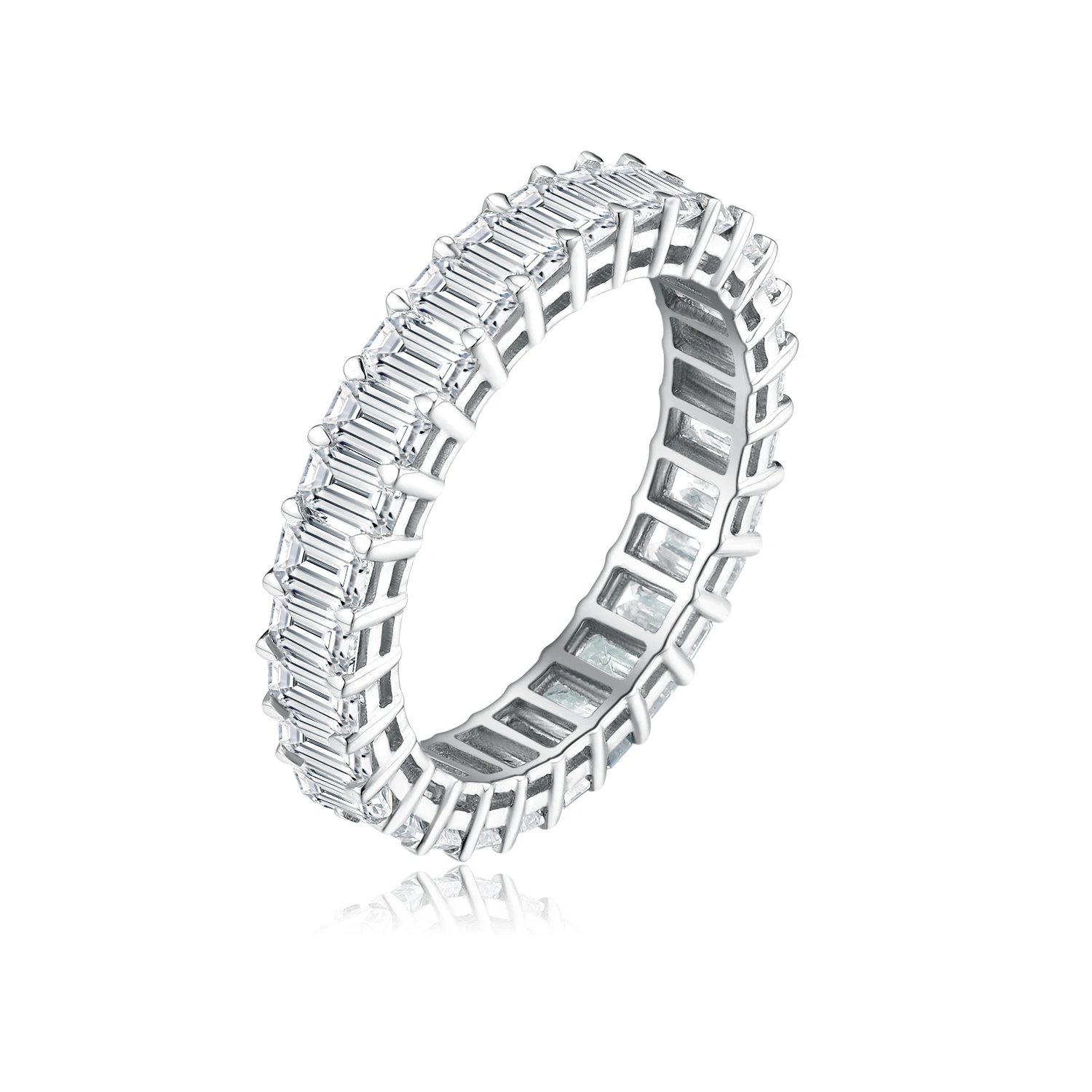 Luxury Emerald Cutting Synthetic Full Diamond Band Ring 18K 14K White Gold Pave Set Stackable Eternity Ring Wholesale