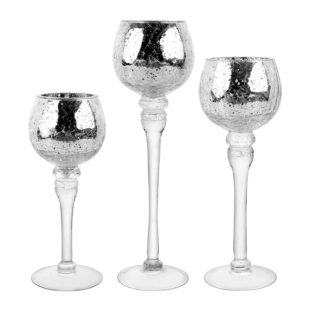 Set of 3 Crackle Gold Glass Tealight Holders 9 Inches 10 Inches and 12 Inches High Ideal for Weddings Special Events Parties