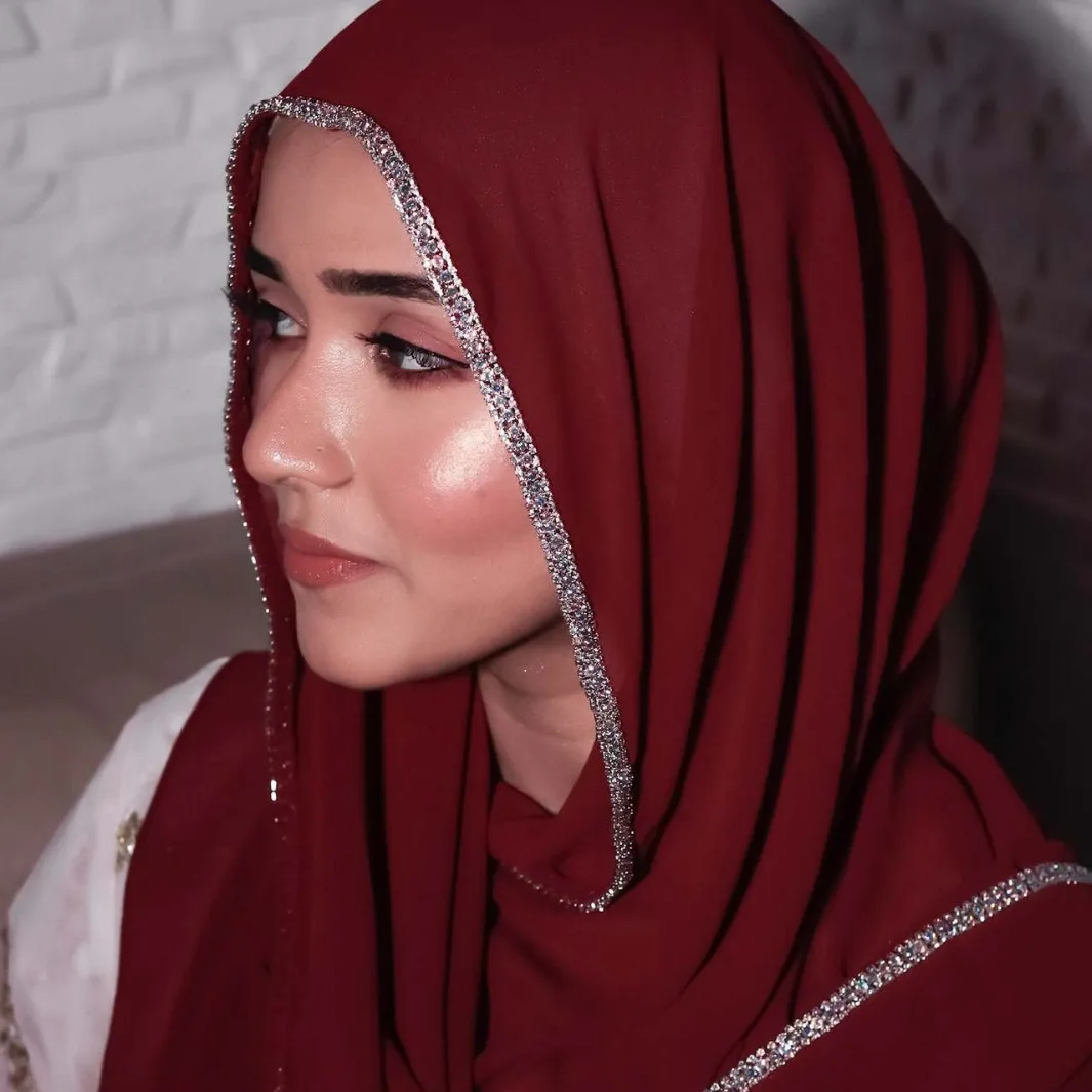 High Quality Ladies Rhinestone Edge Plain Chiffon Hijab Muslim Women Solid Color Long Chiffon Head Scarf Shawl