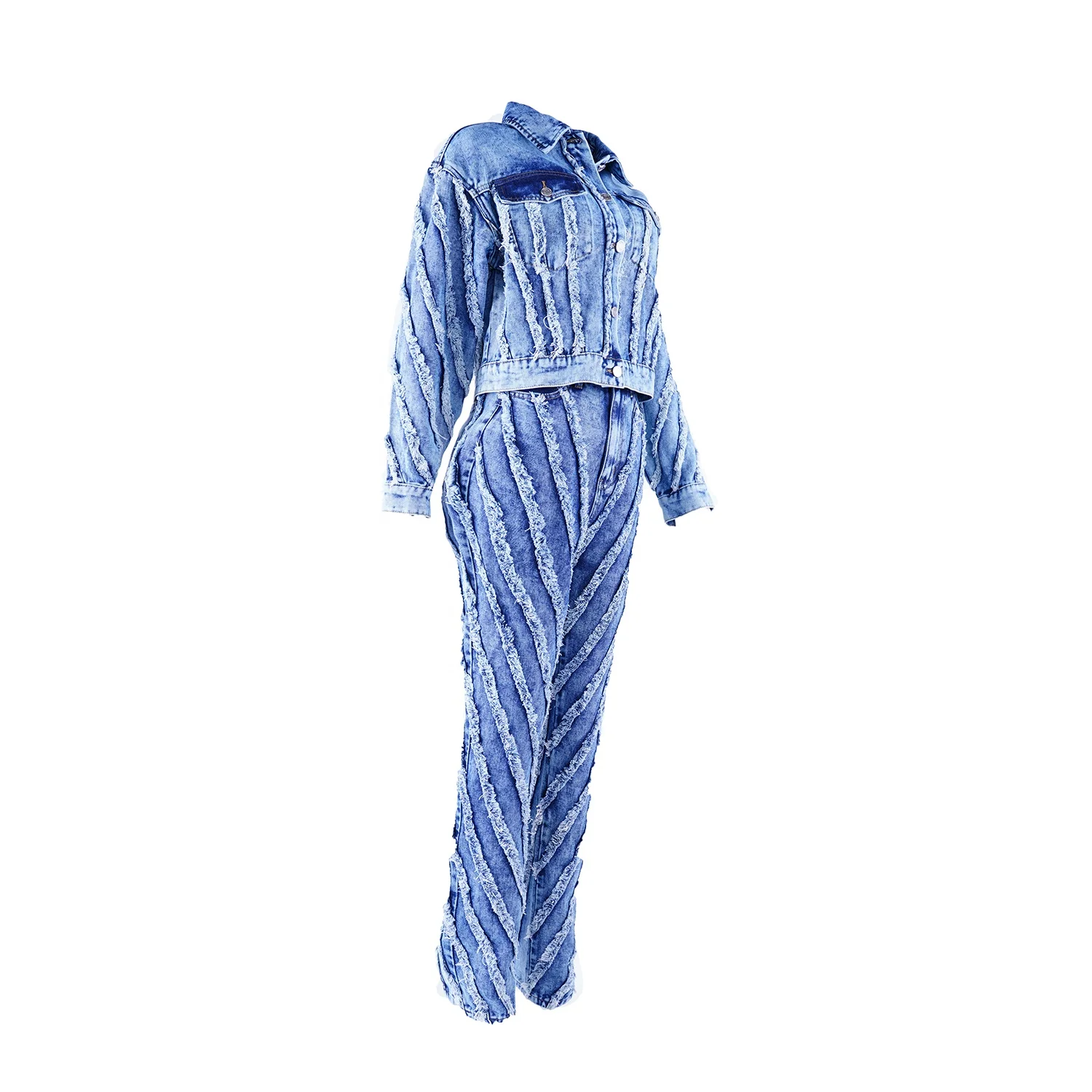 SKYKINGDOM gz longchan custom logo jeans women straight blue jean sets women casual wear stripes tassel jeans big size for woman