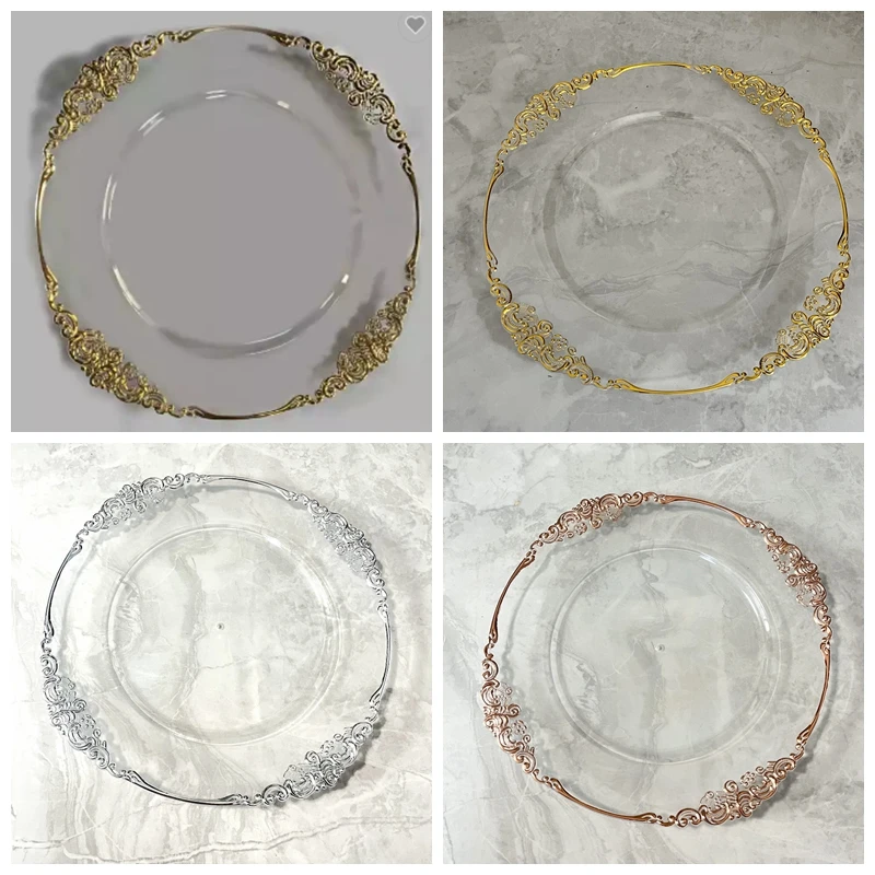 Тарелки золотые Прозрачные Свадебные SL220326-1 оптом пластиковые круглые многоразовые для свадьбы высокого качества