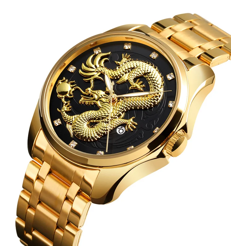 SKMEI watch 9193 men business watch golden dragon stainless steel quartz diamond watches