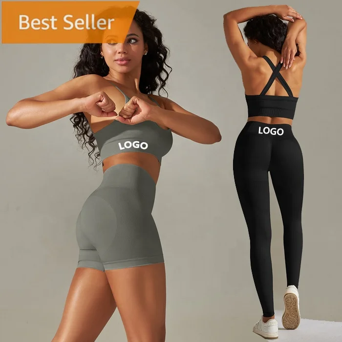 Women 5 Piece Yoga Cross Back Crop Top Activewear Seamless Fitness Gym tank tops bra Leggings Shorts Clothing Set