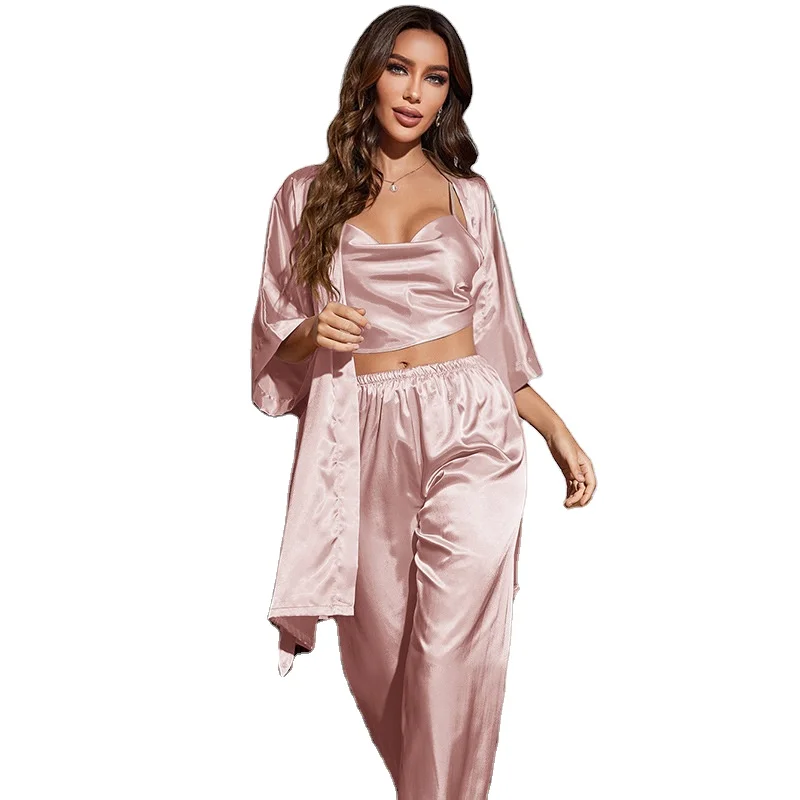 2023 High Quality Custom Solid Women Silk Satin Cami Pajamas and pants solid sexy Robe 3 Piece pajamas Set
