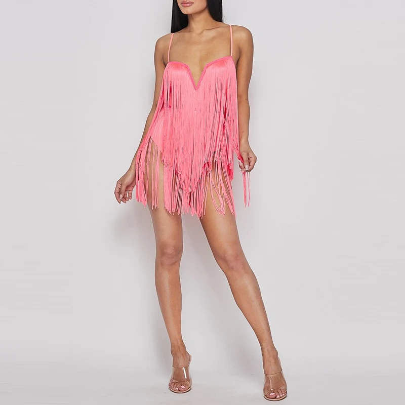 Adjustable Straps Wired V-neck Neon Fringe V-Neck Mini Dress Women Trendy Bodysuits