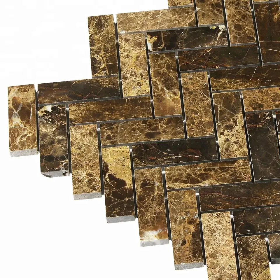Dark Emperador new design for wall decoration Polished Herringbone interlocking marble mosaic tile