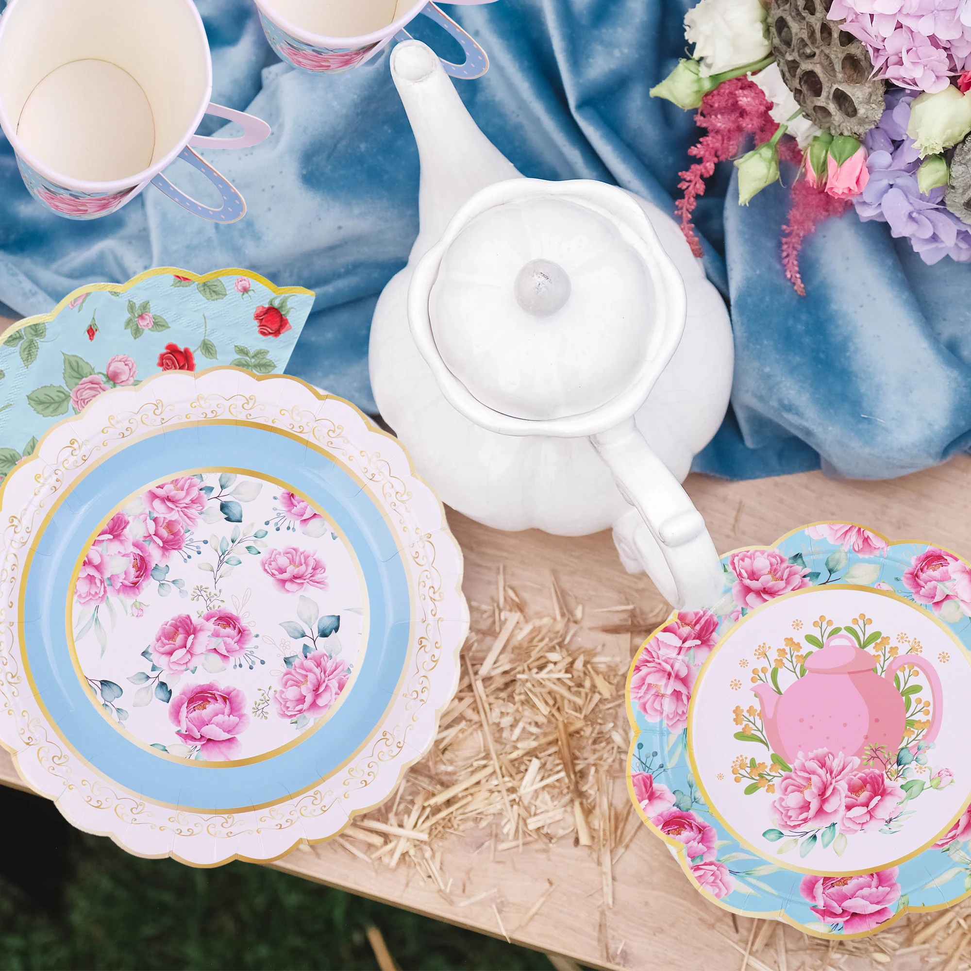 Pafu New Arrival  Party Supplies Serve 16 Kids Birthday Tableware Set  Spring Flowers Tea Party  Paper Plates, Cups, Napkins
