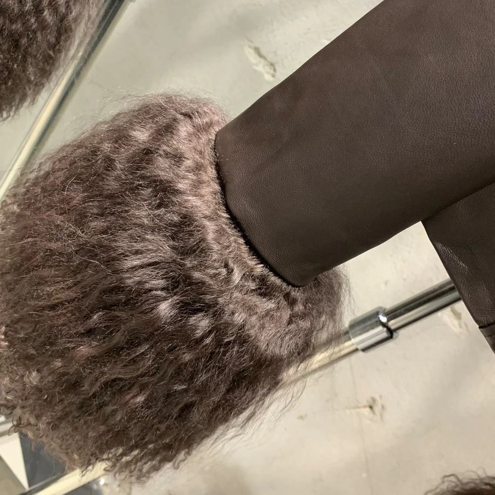 New arrival real sheep fur coat crop brown leather jackets leather jacket with mongolian fur