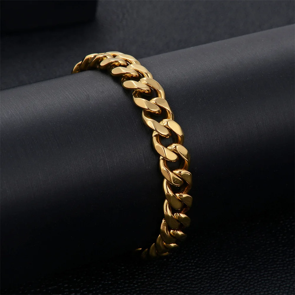 Hip Hop Mens Personalized 18K Gold Link Bracelet Stainless Steel 9MM Cuban Chain Bracelet for Men