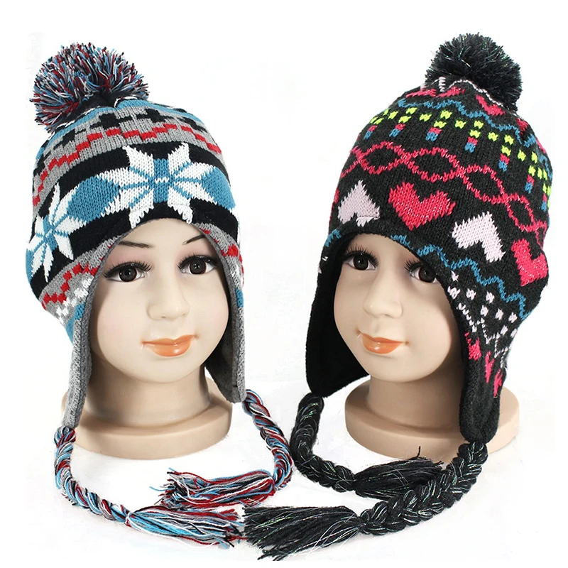 Custom keep warm children winter cute kids earflap jacquard beanie hats pom pom knitted hat