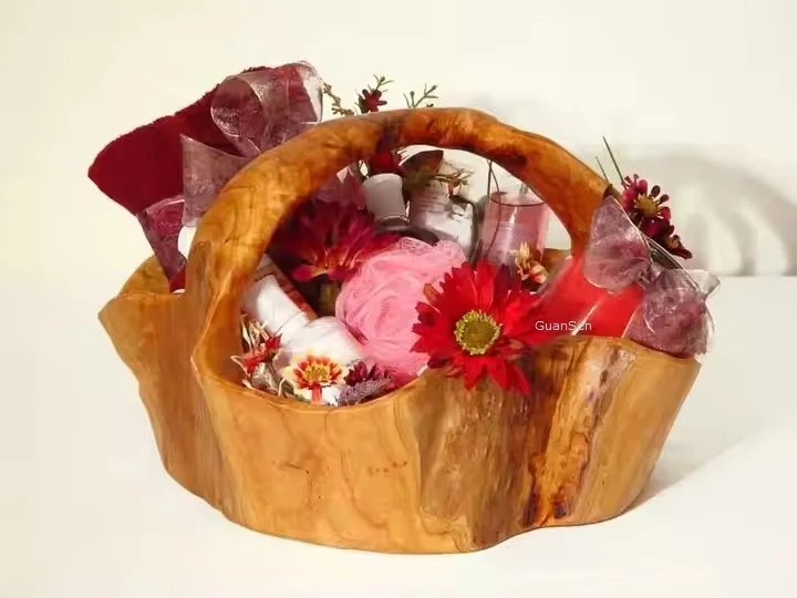 Guan Sen Eco Friendly BURL WOOD CARVED BASKET BOWL TREE STUMP ROOT LARGE BPA root carving natural wood