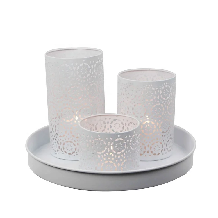 New Set of 3 Matt black Tabletop hollow out flower pattern pilliar candle holder with plate