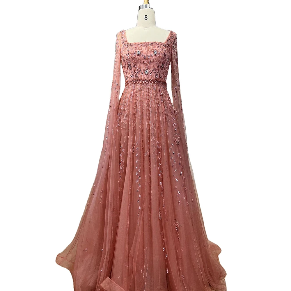 Muslim Pink A Line Square Collar Beaded Luxury Evening Dresses 2023 Serene Hill LA71803A Dubai Long Party Gowns