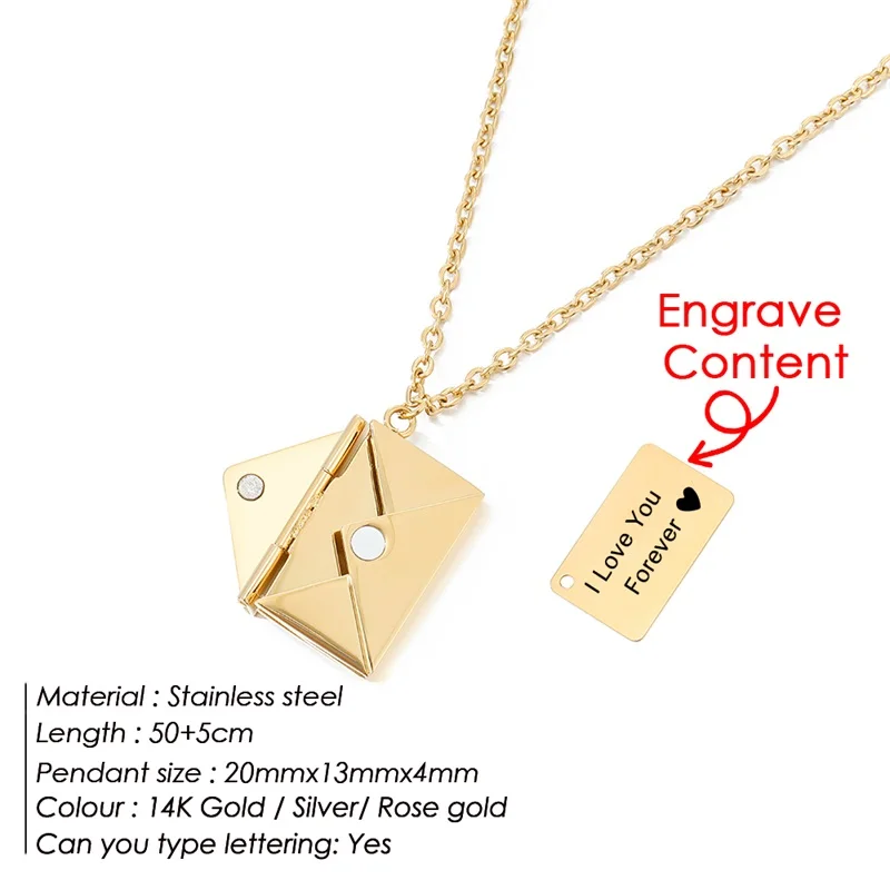 14K Gold Plated Stainless Steel Custom Engraved Envelope Pendant Necklace Titanium Steel Love Magnet Envelope Choker Necklace