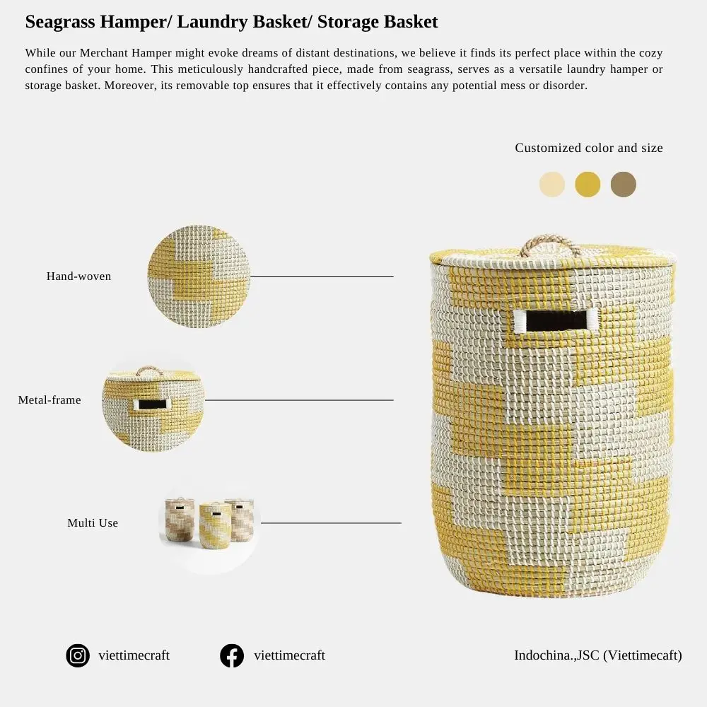 Seagrass With Plastic String Hand Woven Storage Basket, Laundry Basket With Lid Merchant Hamper Cheap Price Wholesale